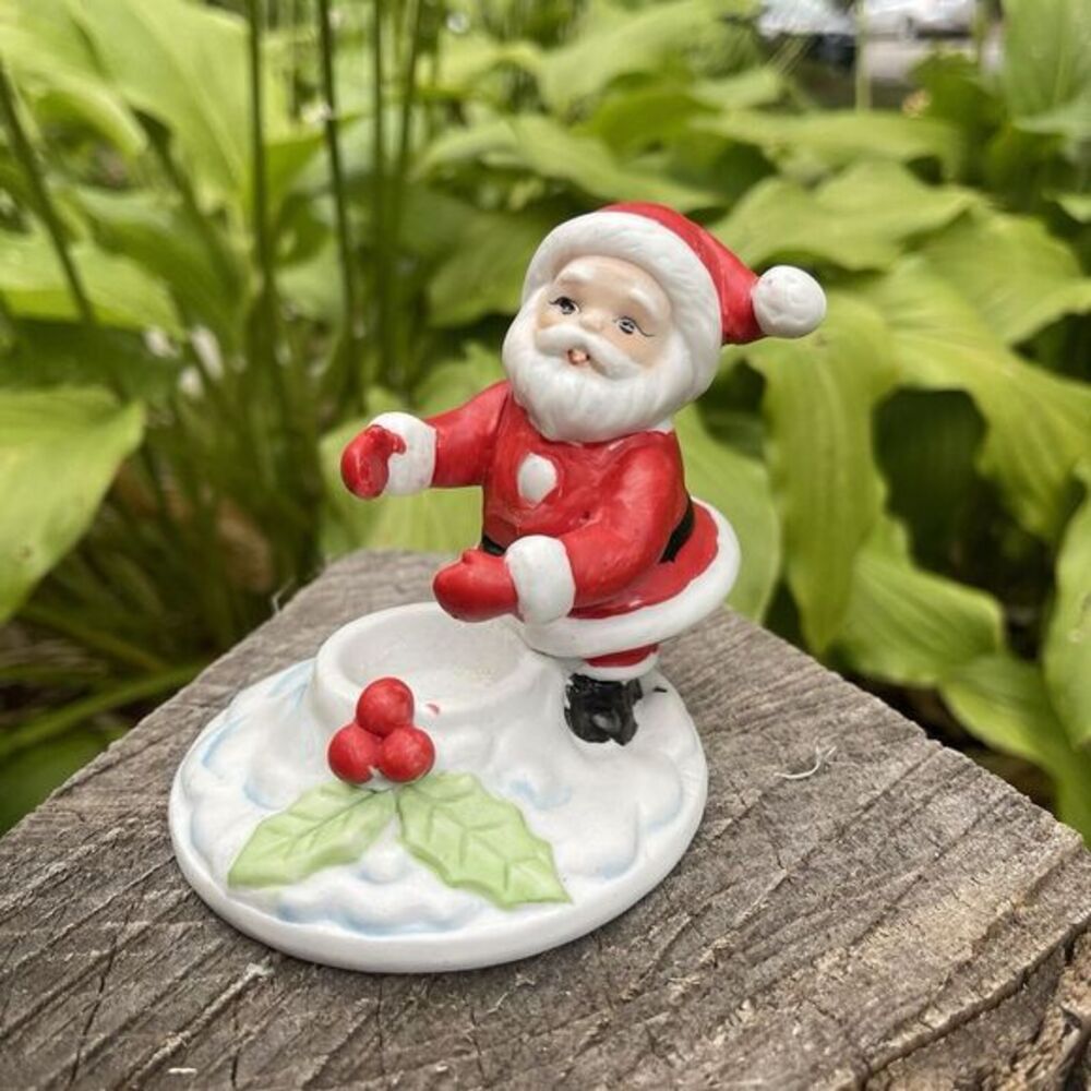 Vintage Santa Holly Candle Hugger Holder Korea Ceramic Snow MCM
